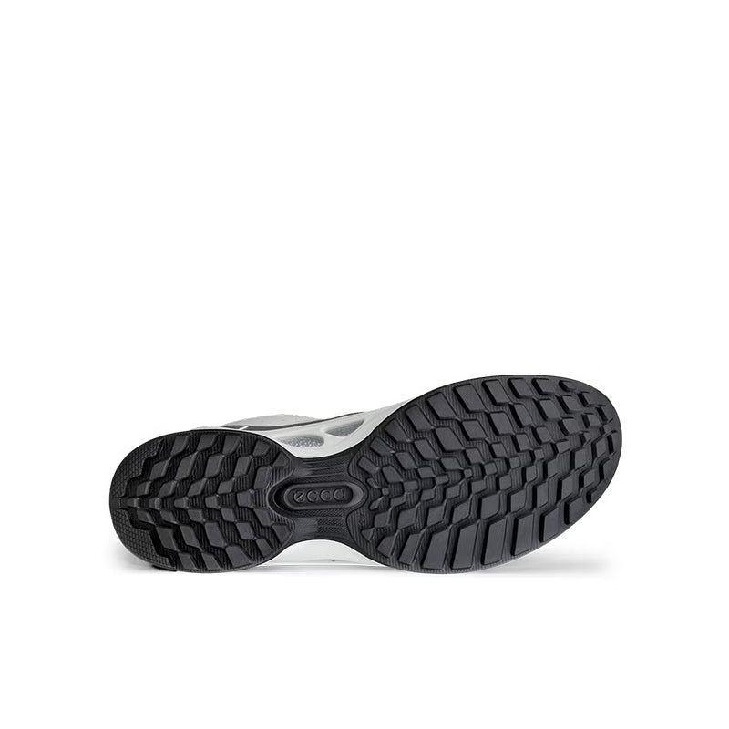 Black rubber sneaker outsole with deep tread pattern and ECCO logo