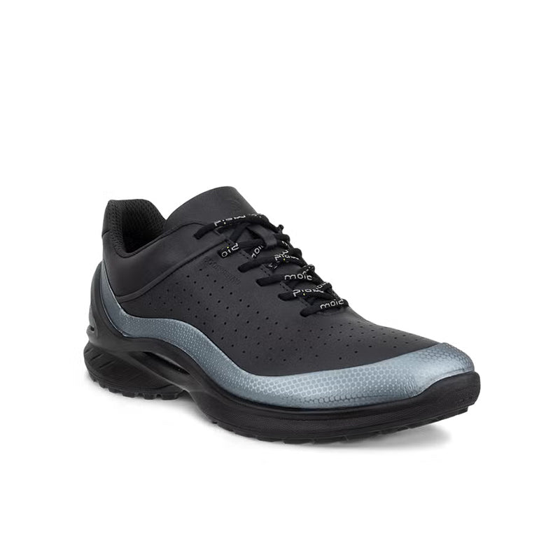 Black leather lace-up sneaker with perforated toe and blue-gray midsole detail