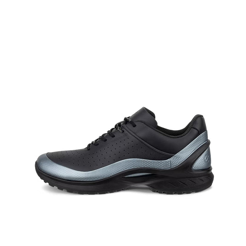 Black lace-up sneaker with light blue side accents and chunky tread sole