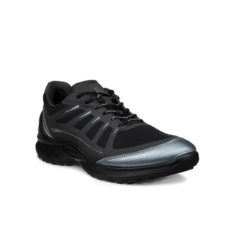 Black lace-up running sneakers with molded rubber sole and padded collar