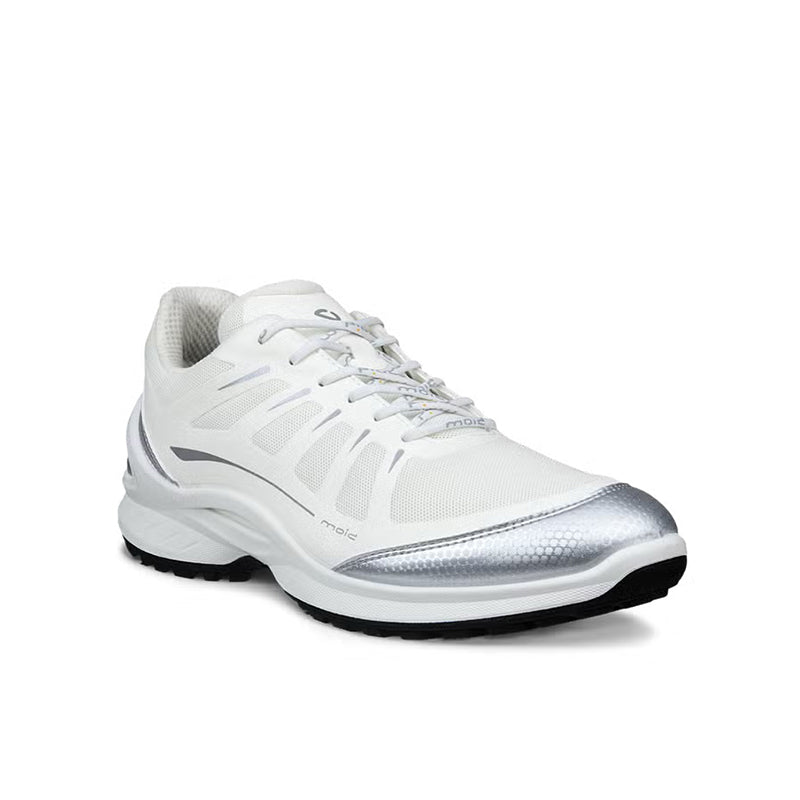White lace-up running sneakers with silver-toned side trim and padded collar