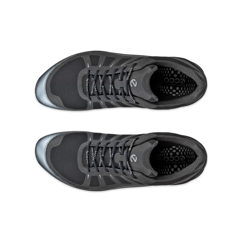 Pair of men's lace-up sneakers shown from top with black textured insoles