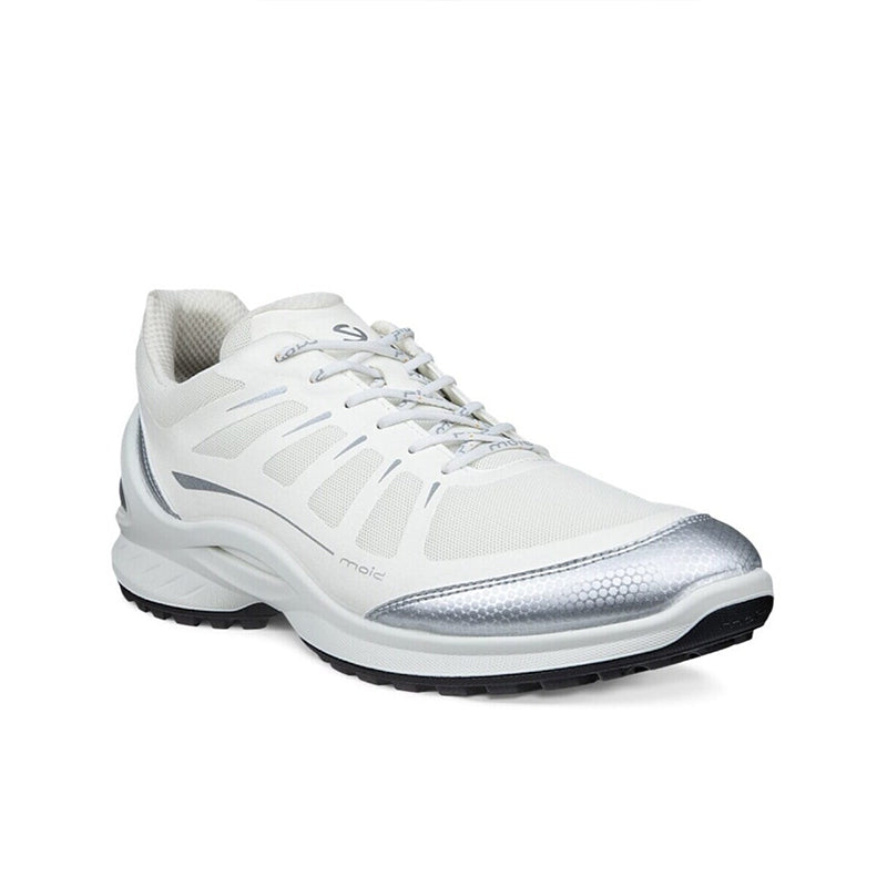 Men's lace-up sneakers in white with gray accents and textured rubber outsole