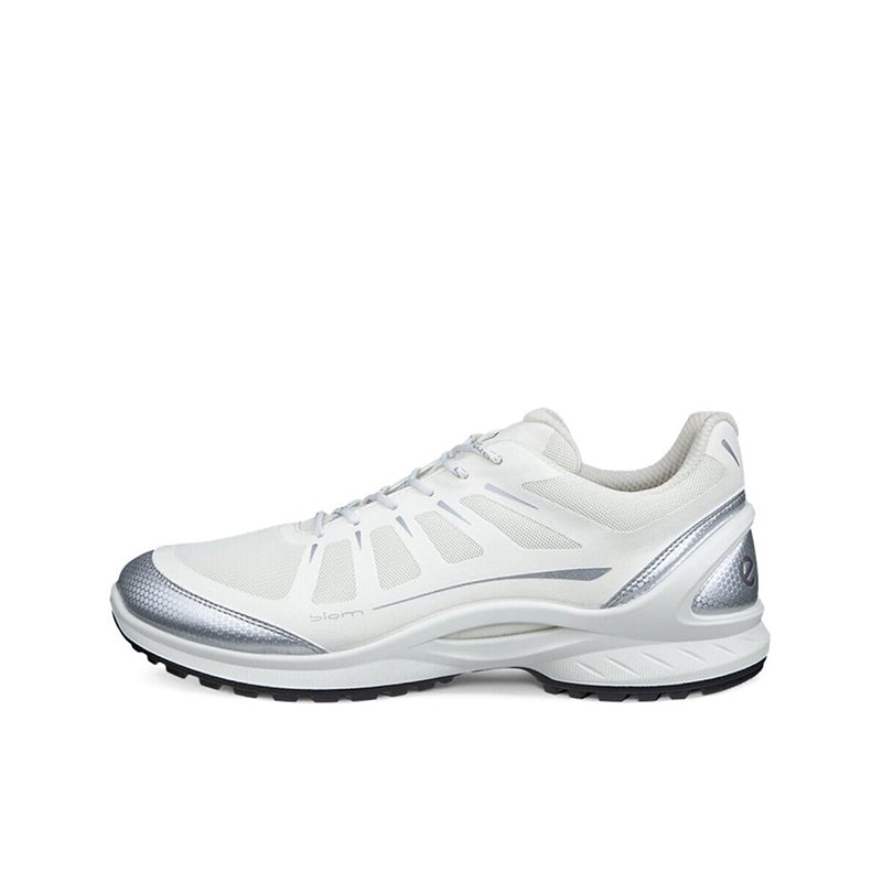Men's white lace-up sneakers with silver trim, padded tongue, and low profile sole