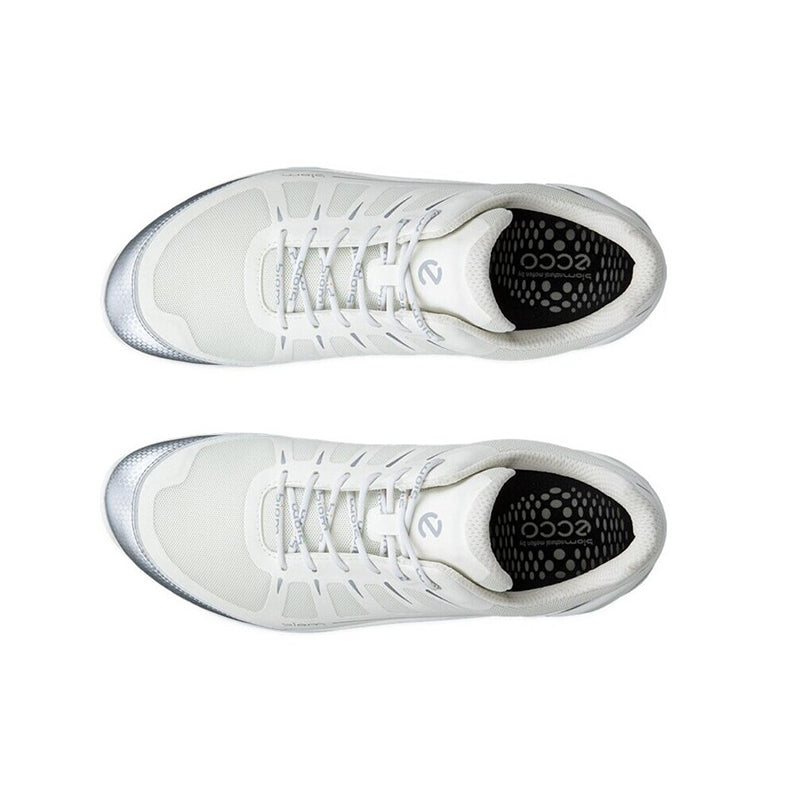Pair of men's white lace-up sneakers viewed from top with dark mesh lining
