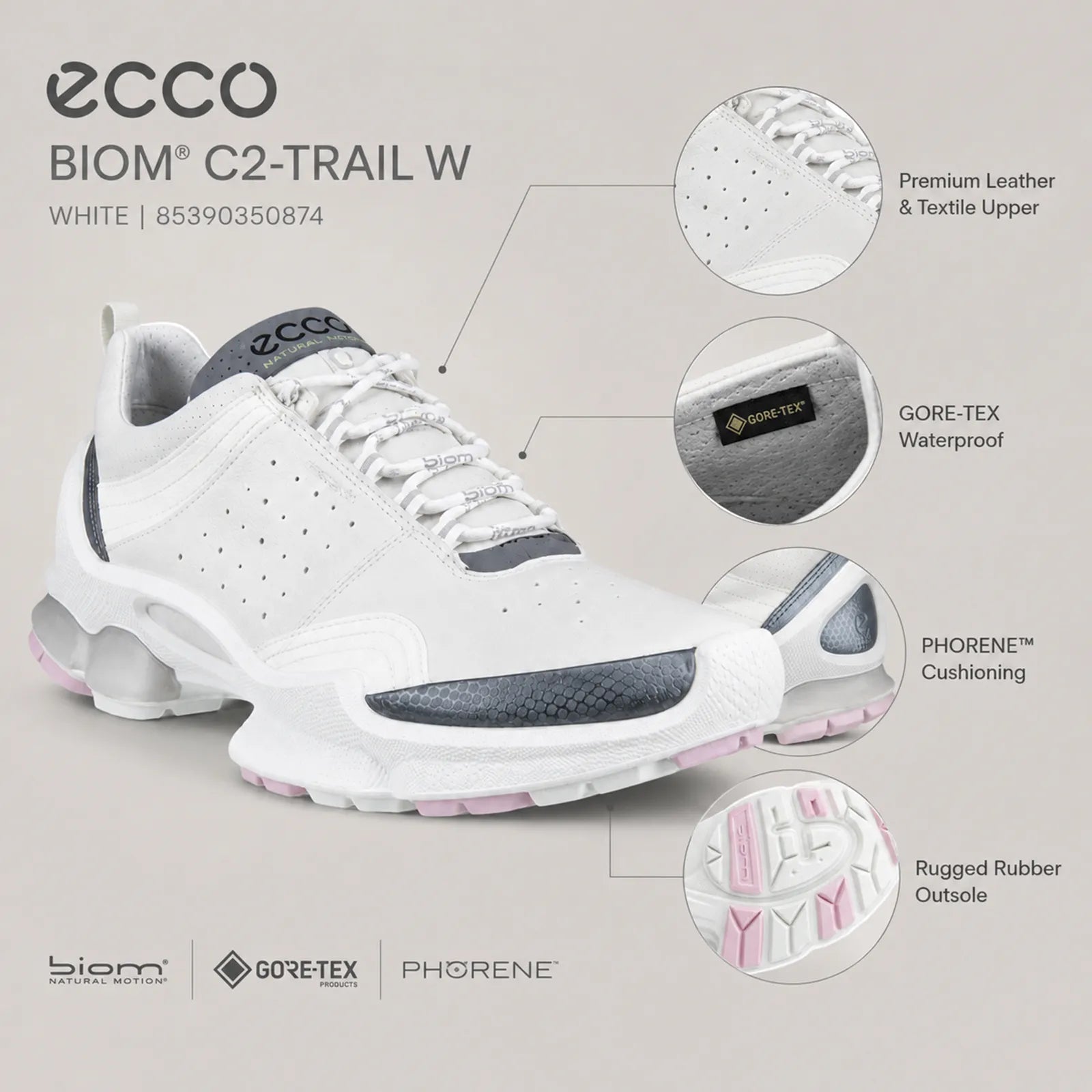 Close-up detail of ECCO BIOM C2-TRAIL W women's white leather textile upper and rubber outsole