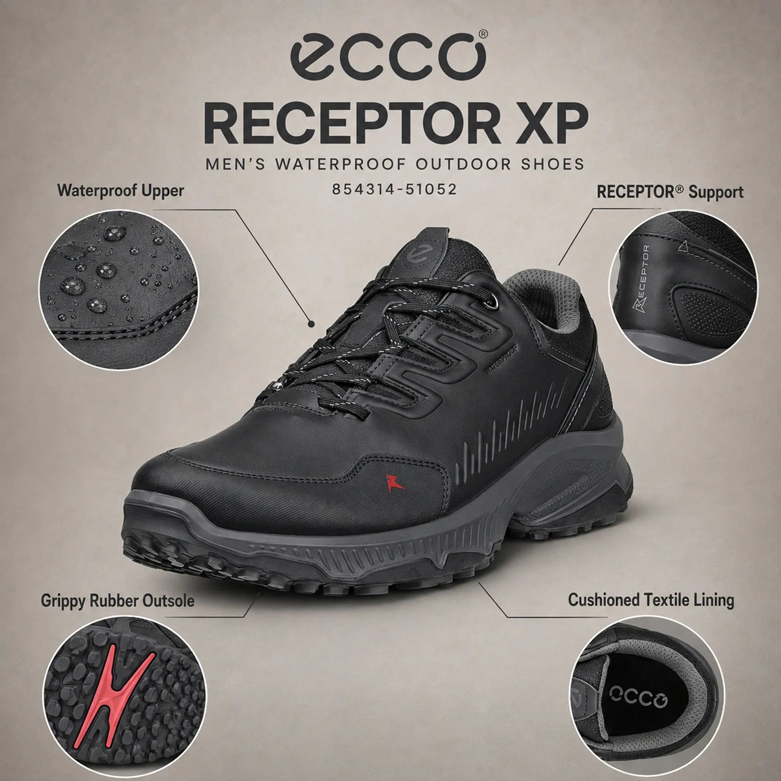 ECCO Receptor XP men's black waterproof shoes close up detail showing leather upper, stitching, laces and outsole tread