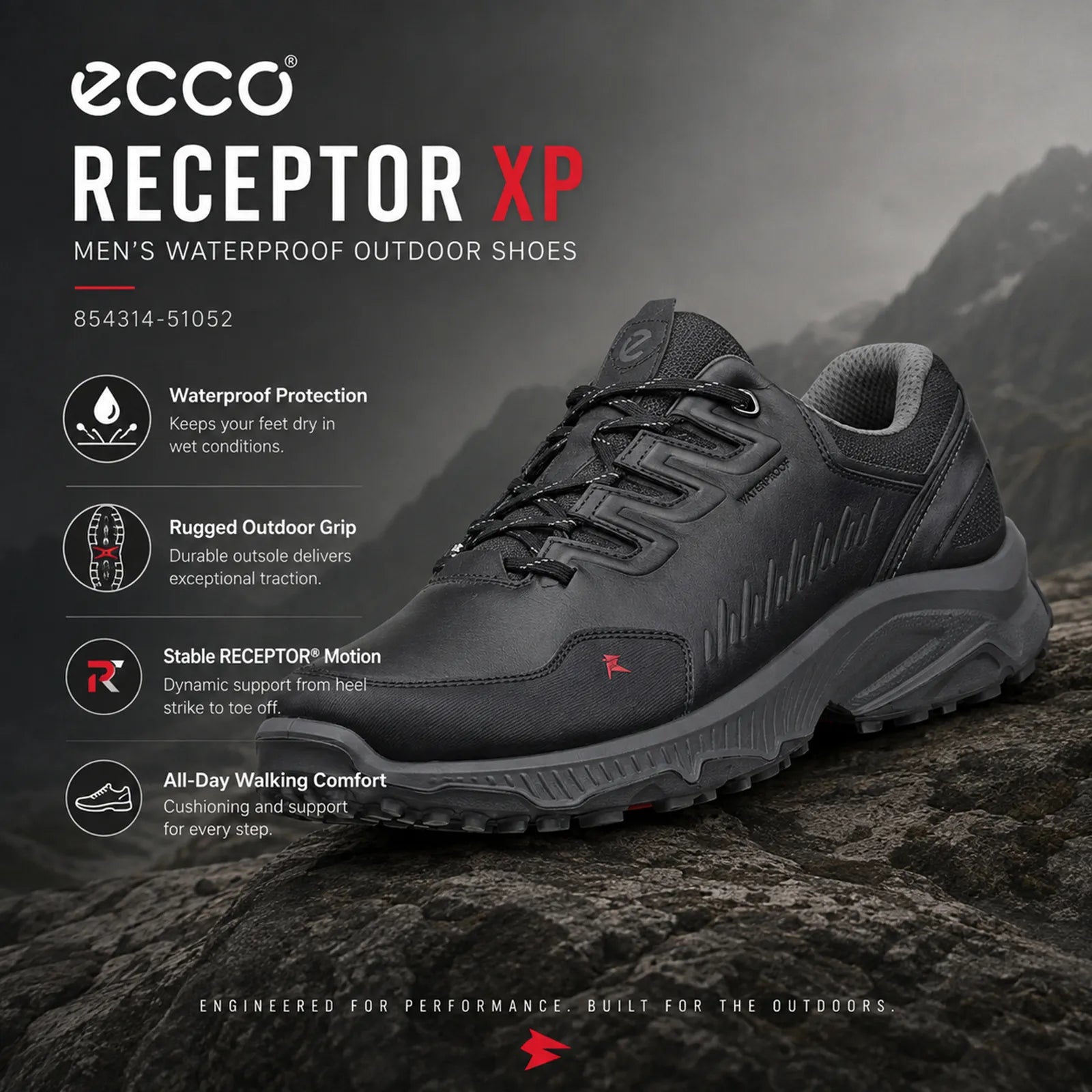 ECCO Receptor XP men's black outdoor shoes showing waterproof membrane, RECEPTOR support and grippy rubber outsole features
