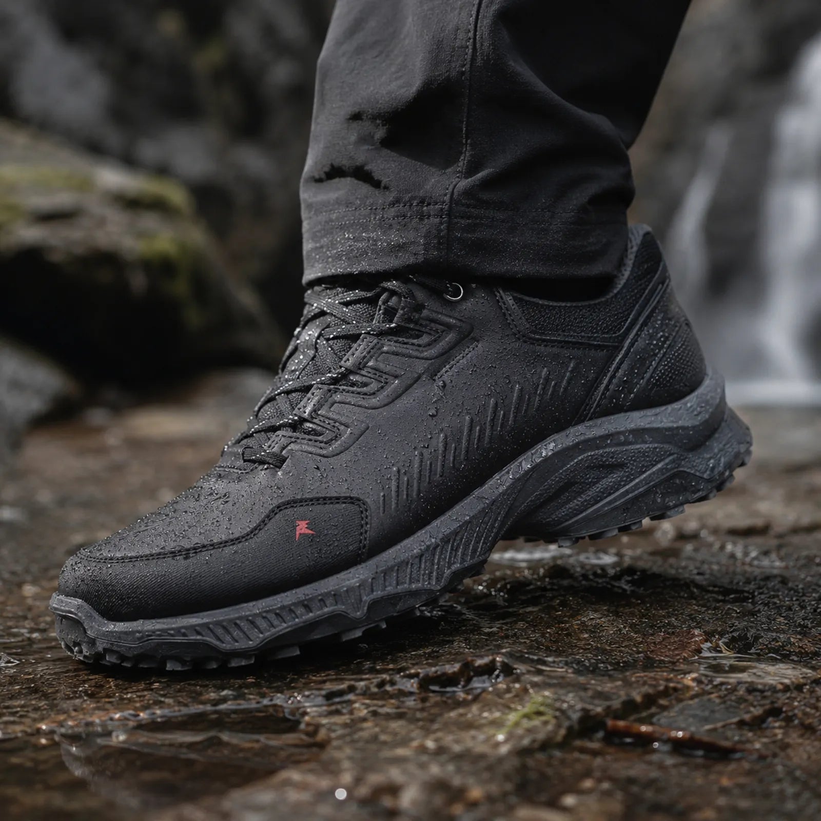 ECCO Receptor XP men's black waterproof walking shoes worn for outdoor trails, travel and everyday wet-weather use