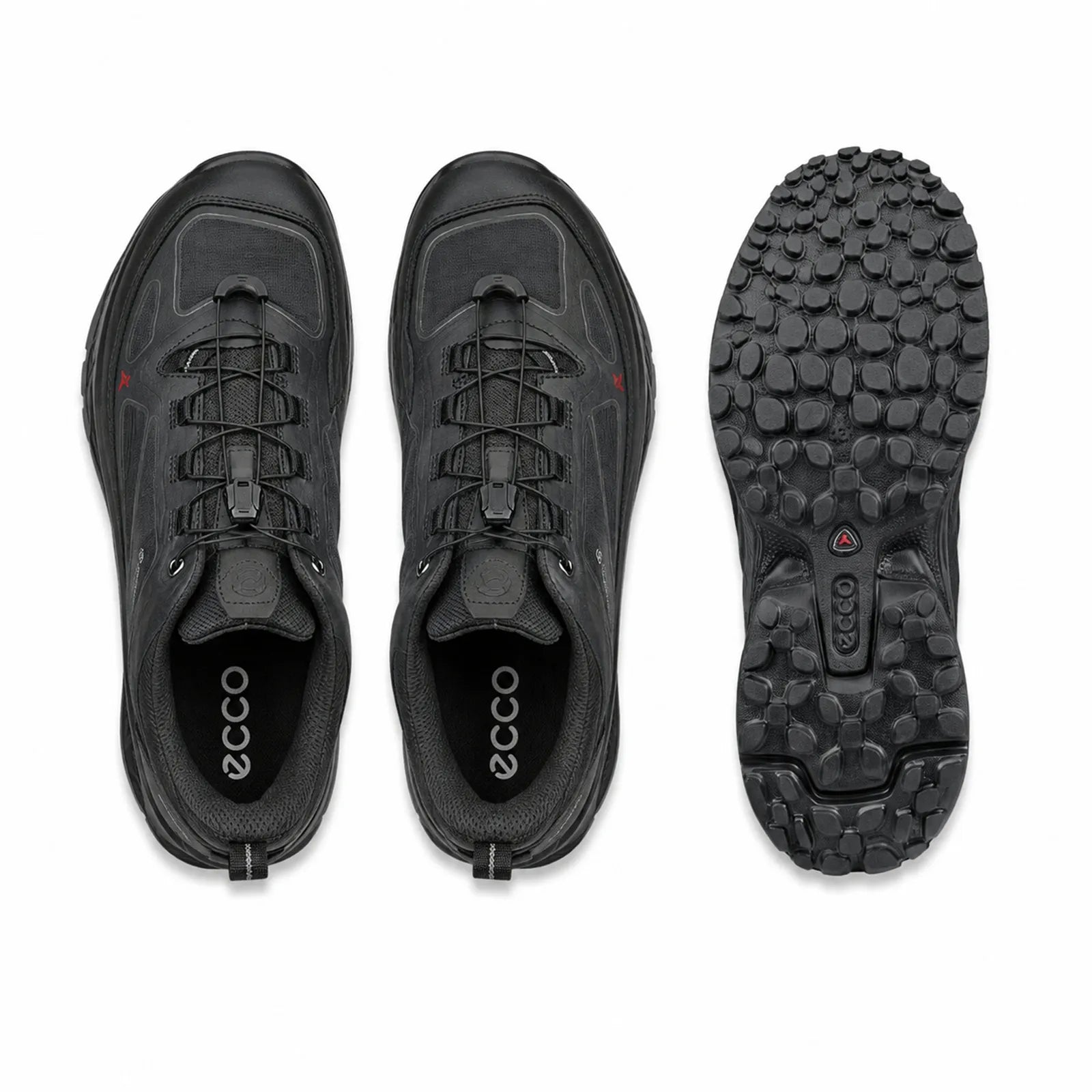ECCO Receptor XP men's black waterproof outdoor trainers side angle view showing Gore-Tex logo, speedlace system and supportive sole