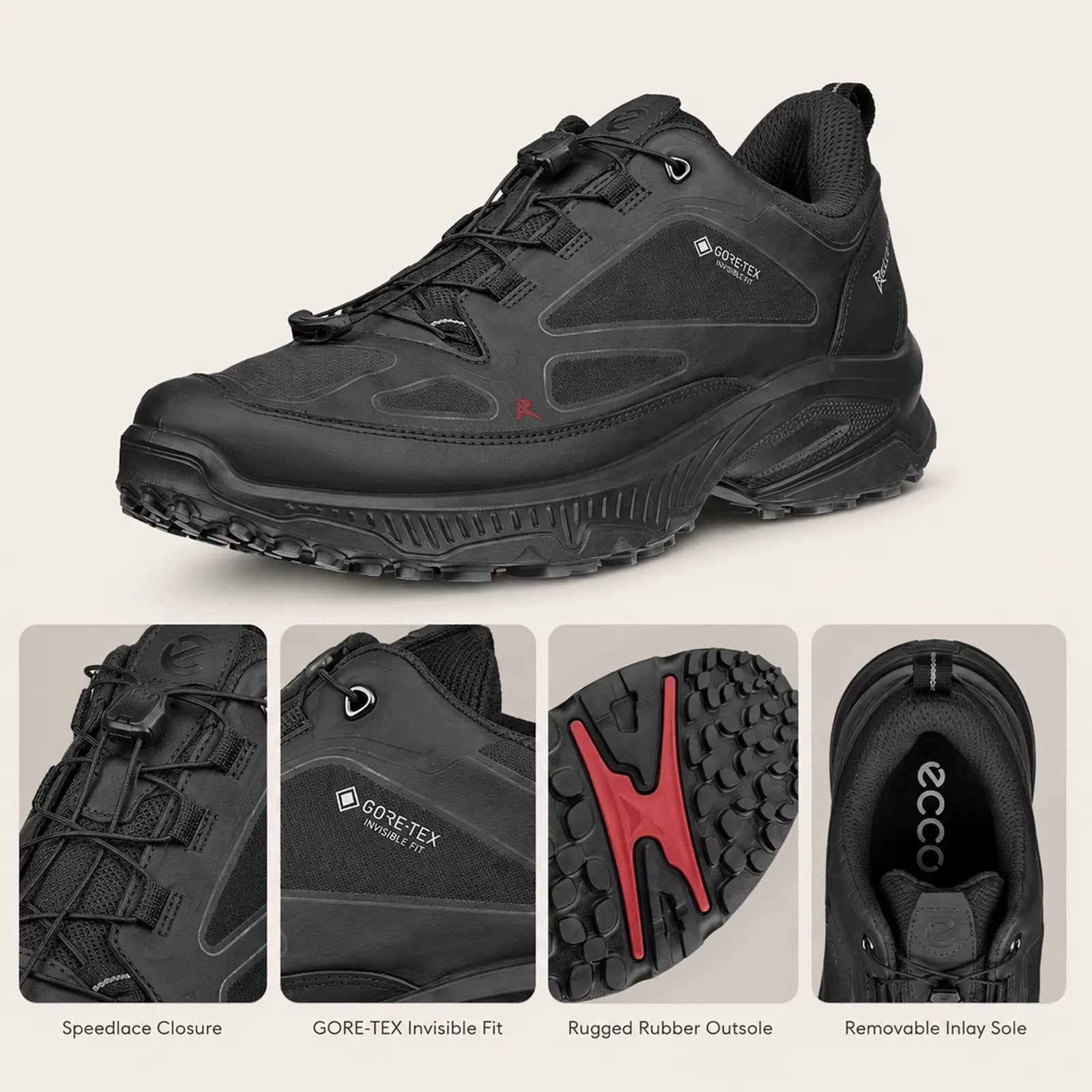 ECCO Receptor XP men's black Gore-Tex trainers close up detail showing textile panels, lace system, outsole tread and outdoor construction