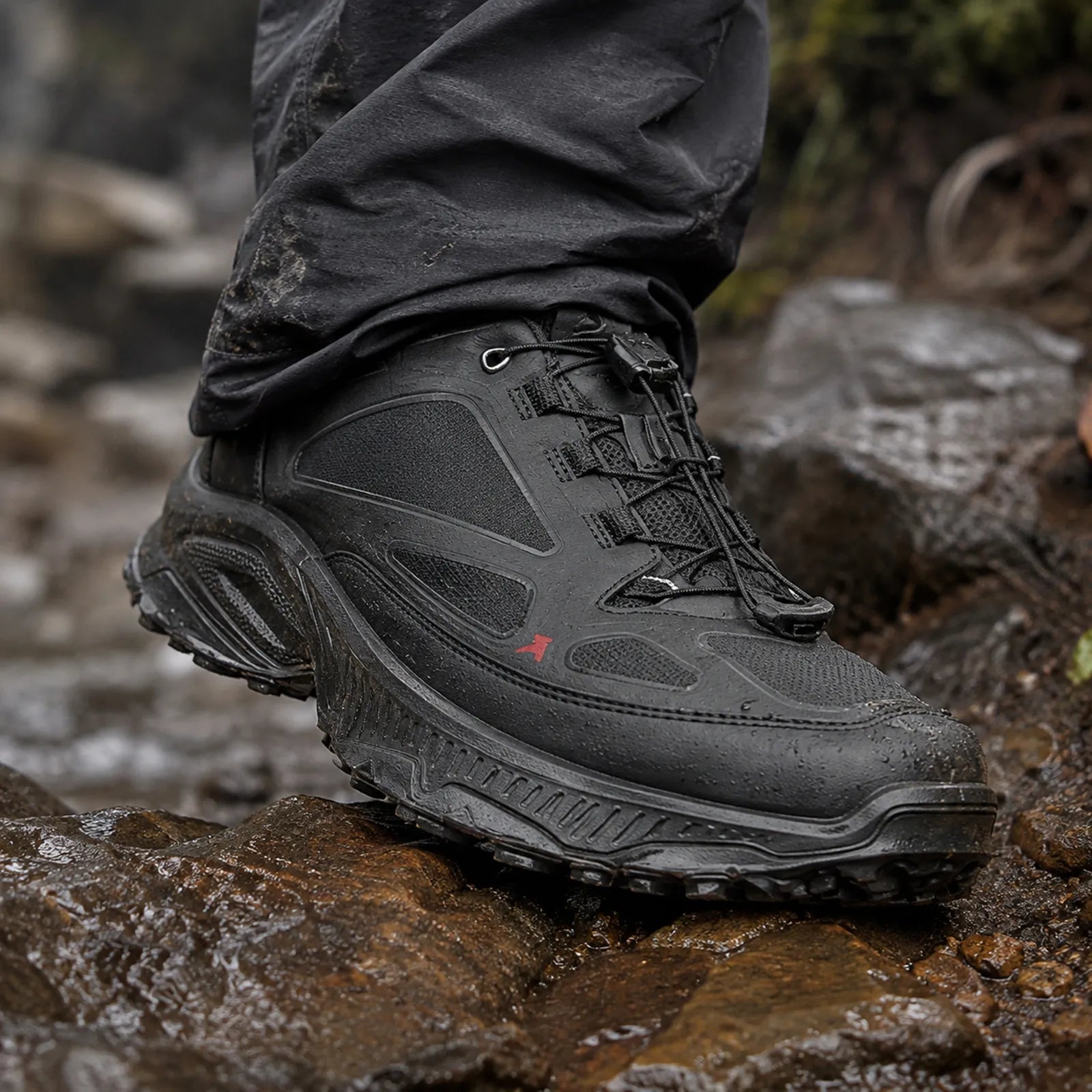 ECCO Receptor XP men's black waterproof outdoor trainers worn for walking, travel and wet-weather trail use