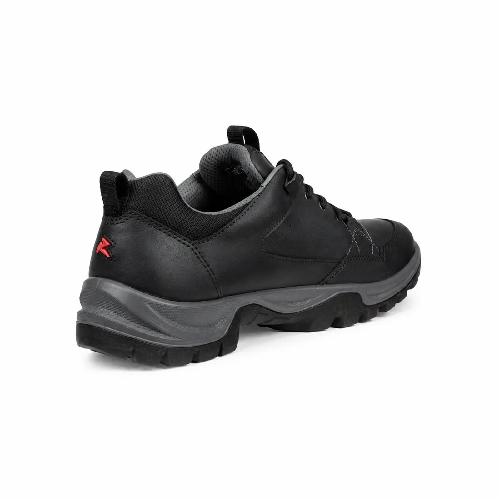 ECCO RECEPTOR TREKK men's black outdoor shoes side angle view showing lace fastening, metal hook eyelets and rugged sole