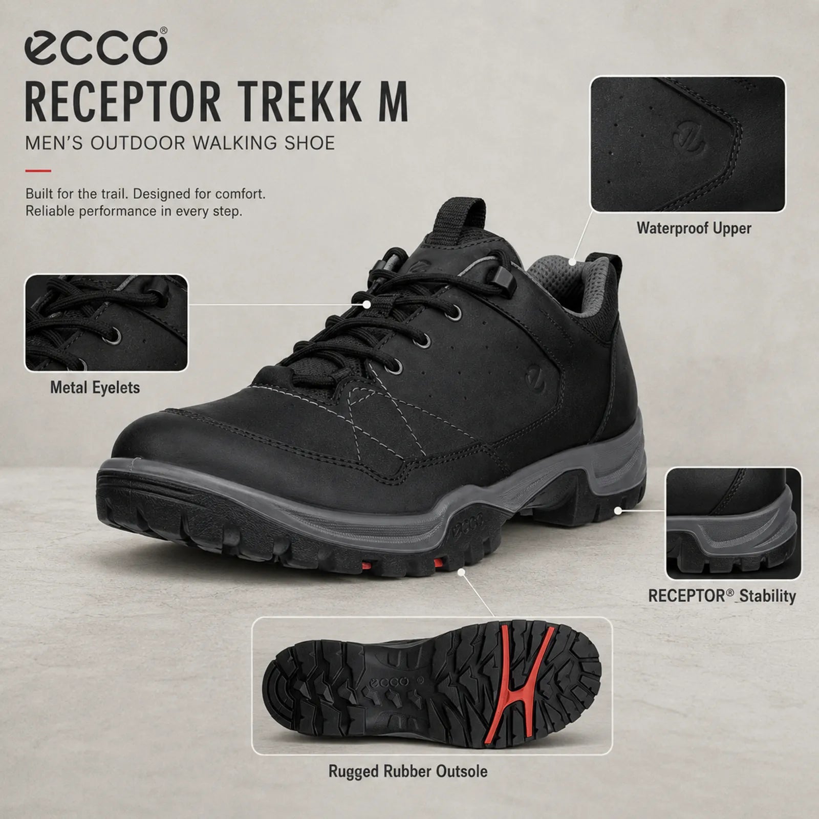 ECCO RECEPTOR TREKK men's black shoes close up detail showing leather textile upper, stitching and durable outsole tread