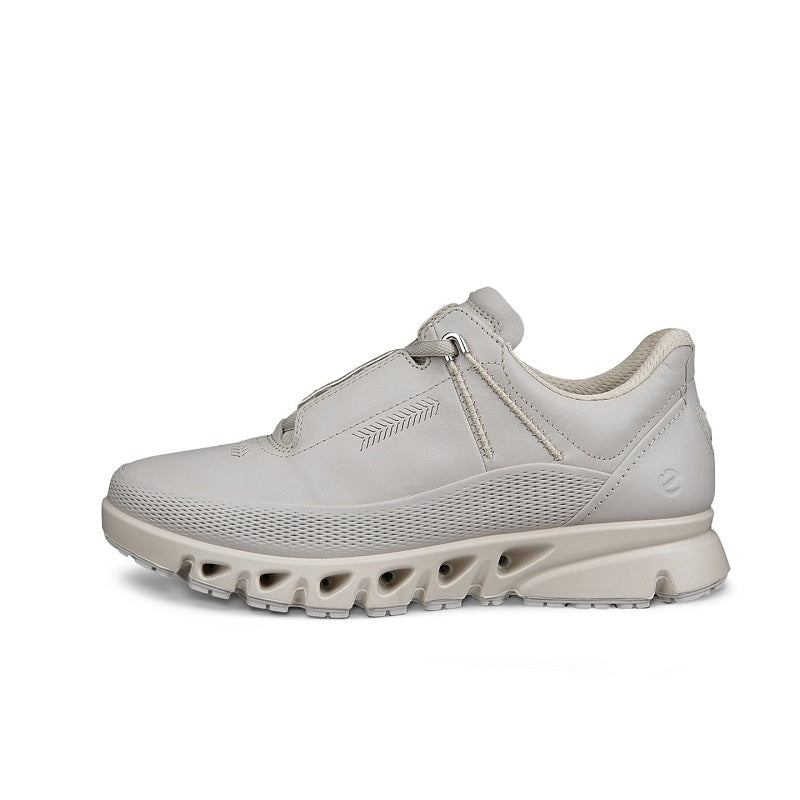 Light gray women's lace-up sneaker with textured upper and chunky perforated sole