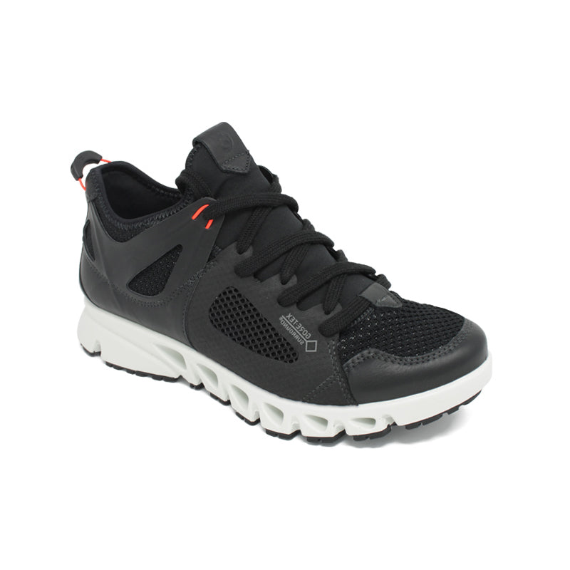 Women’s black leather sneakers with lace-up front and white rugged outsole
