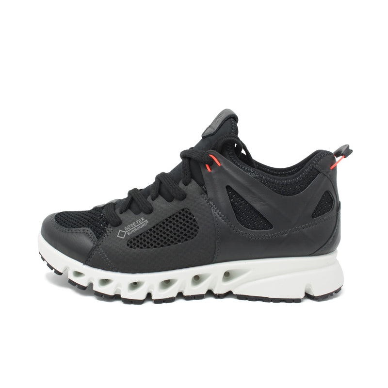 Women’s black athletic sneaker with mesh panels, lace-up closure, and thick tread sole