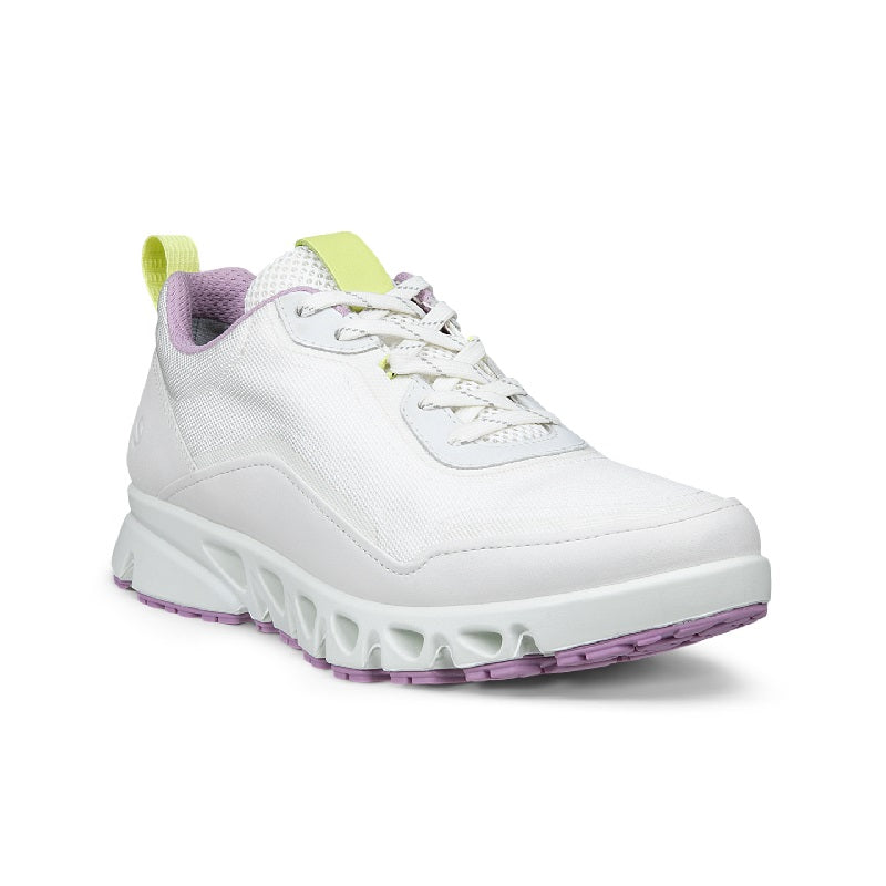 White women's sneaker with purple trim, neon green pull tab, lace-up front, cushioned sole
