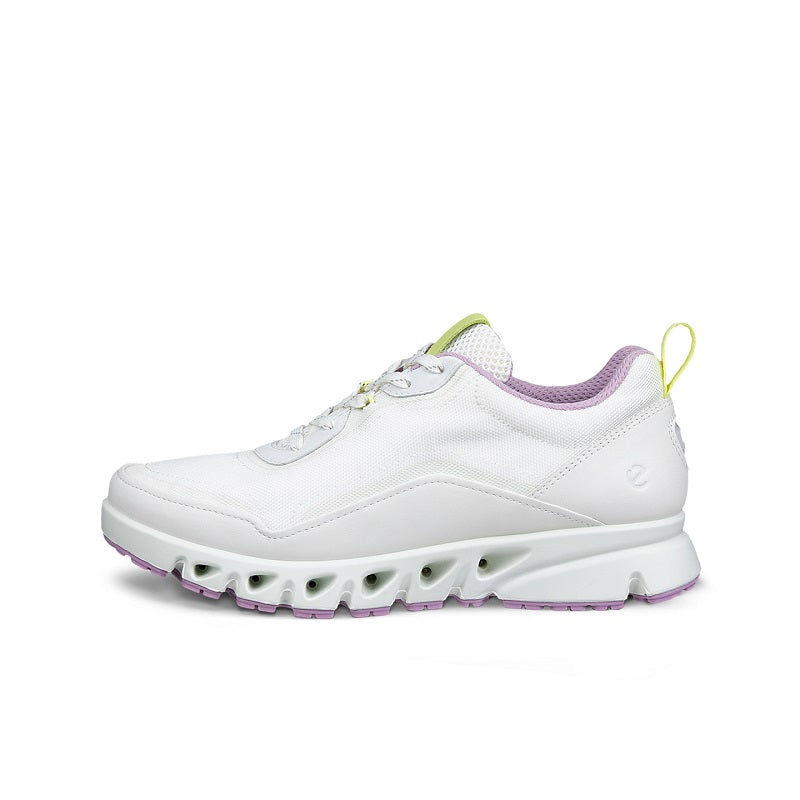 White women's sneaker with lavender collar, neon green lace accent, lace-up front, purple outsole