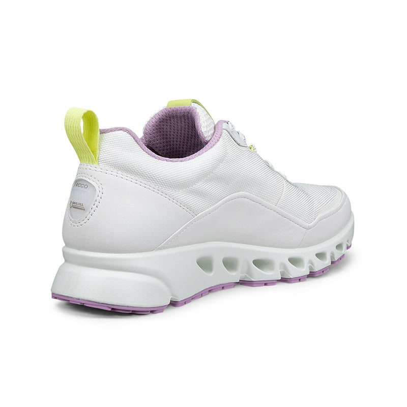 White women's sneaker with lavender lining and neon green pull tab, lace-up style, thick sole