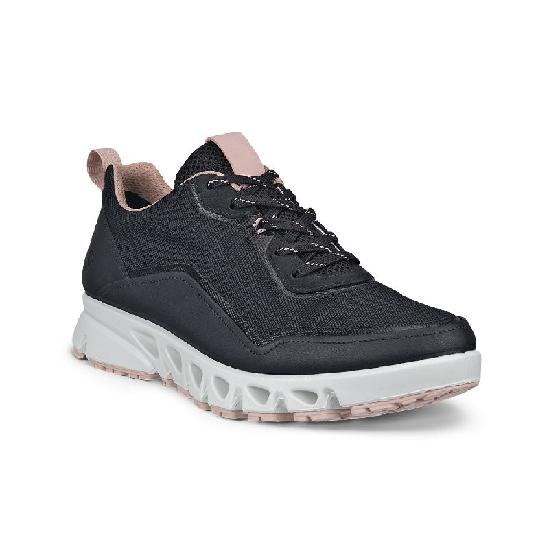 Black women's lace-up sneaker with textured upper, cushioned sole, and patterned grip outsole