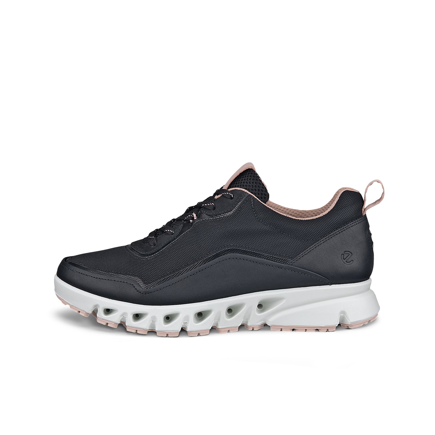 Black women's lace-up sneaker with cushioned white midsole and rugged traction outsole