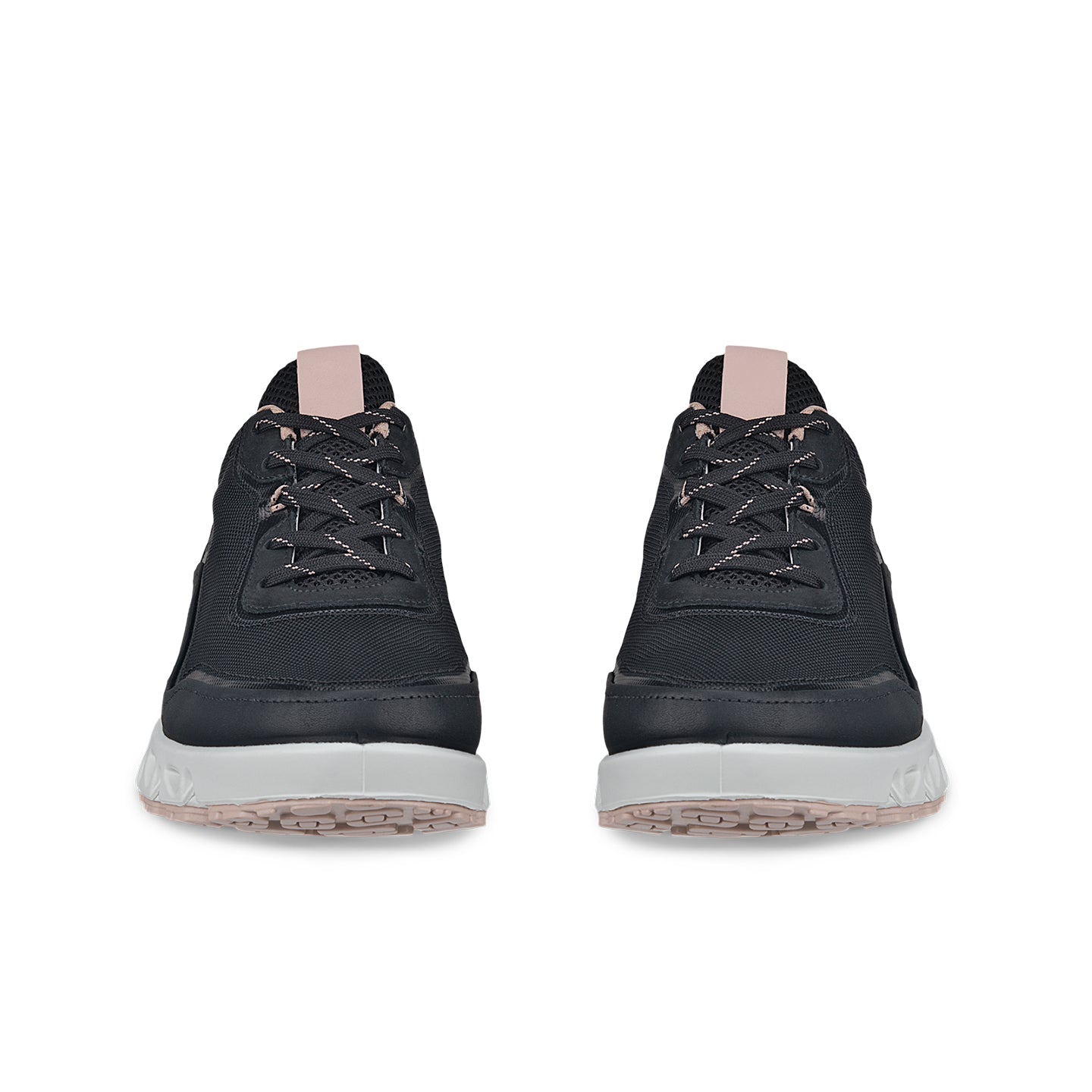 Pair of black women's sneakers, front and back view, lace-up design with padded collar