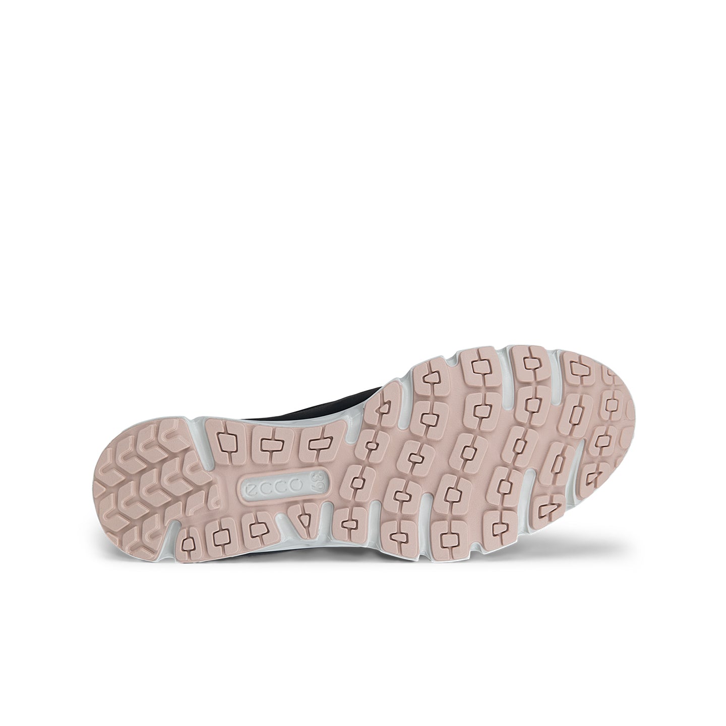 Shoe outsole view of pinkish tread with logo markings on a pair of sneakers