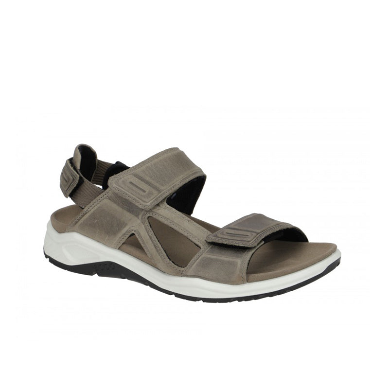 Grey leather flat sandals, two adjustable hook-and-loop straps, white sole
