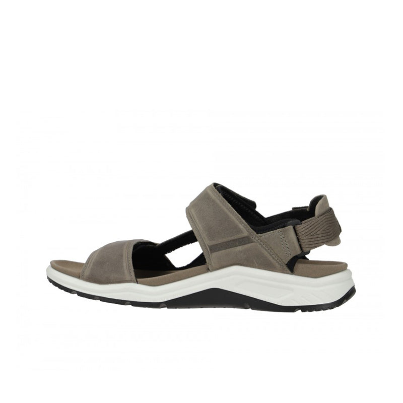 Grey leather sport sandals with black lining, dual straps, cushioned white midsole