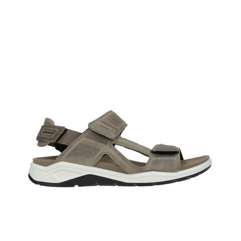 Grey leather sport sandals with cross strap design and hook-and-loop closure