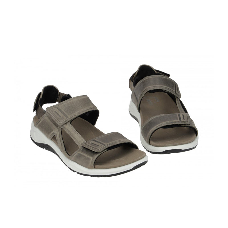 Grey leather sport sandals, open toe, adjustable straps, white rubber sole