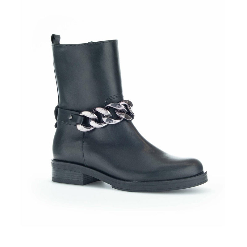 Black leather ankle boots with curb chain detail and low block heel