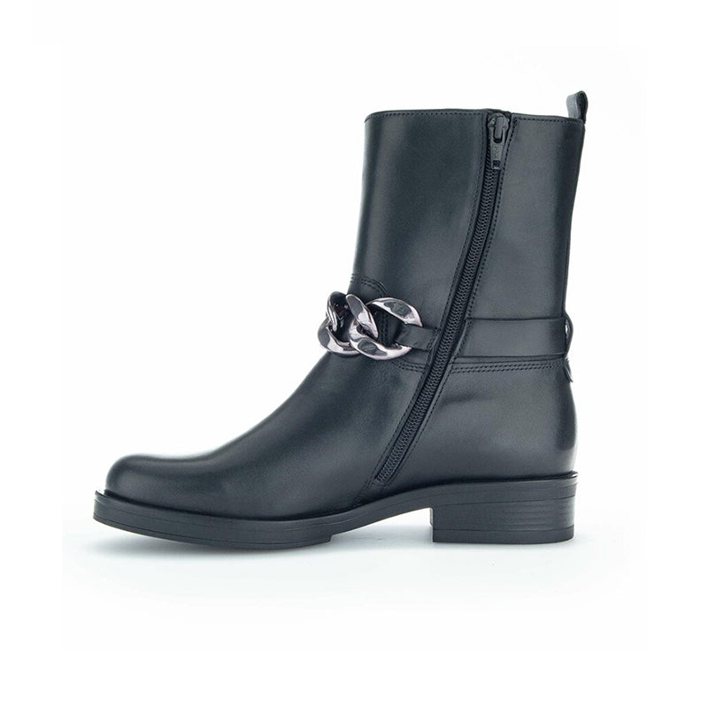 Black leather ankle boots with side zipper, curb chain detail, and block heel