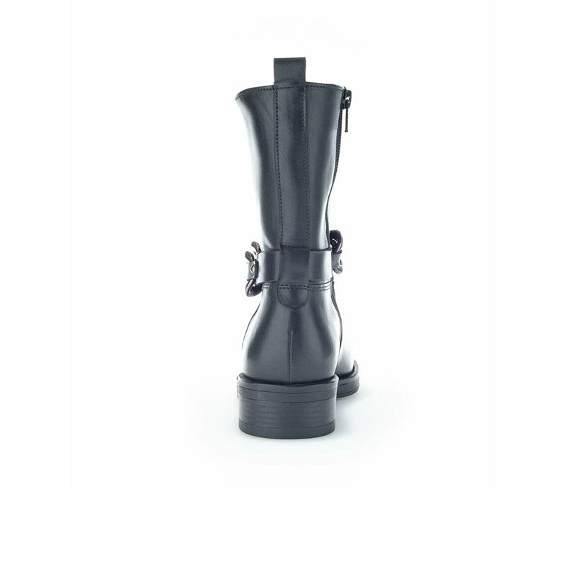 Black leather ankle boots with rear seam, back loop, and block heel
