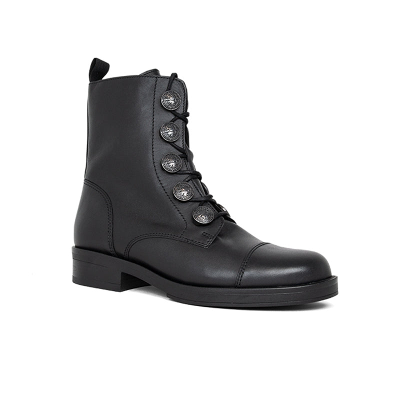 Black leather ankle boots with lace-up front and side pull tab