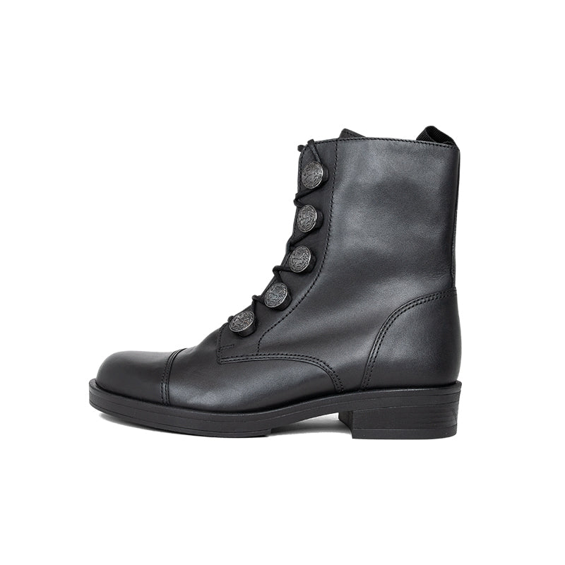Black leather lace-up ankle boots with padded collar and chunky sole