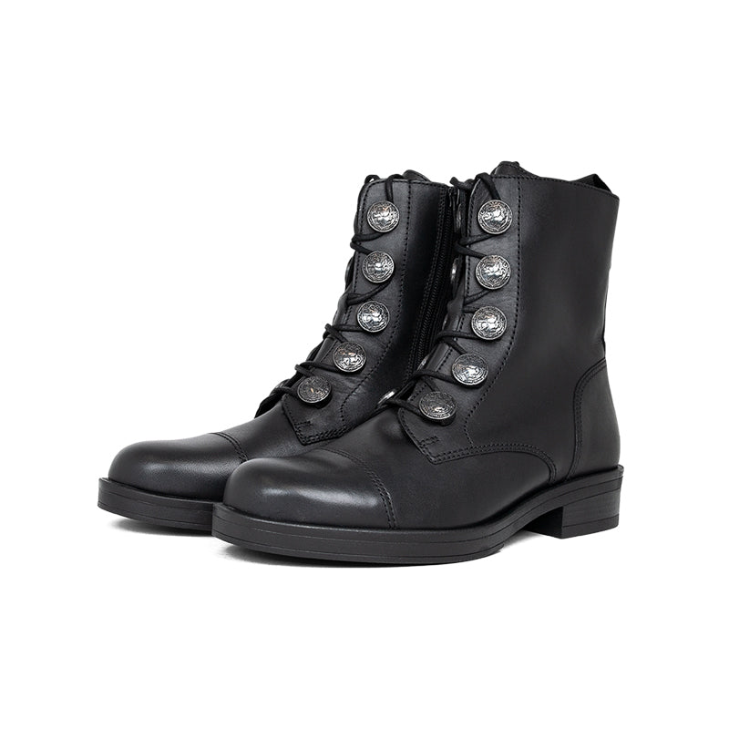 Black leather lace-up ankle boots with metal-studded eyelets