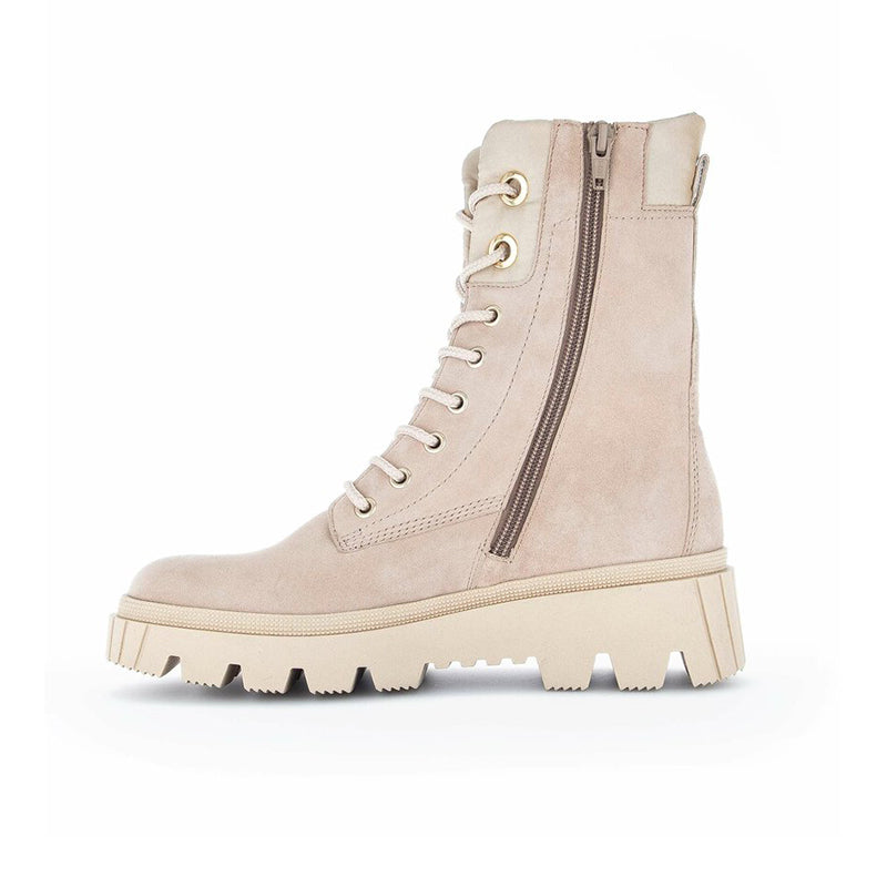 Beige suede lace-up ankle boots with side zip and lug sole
