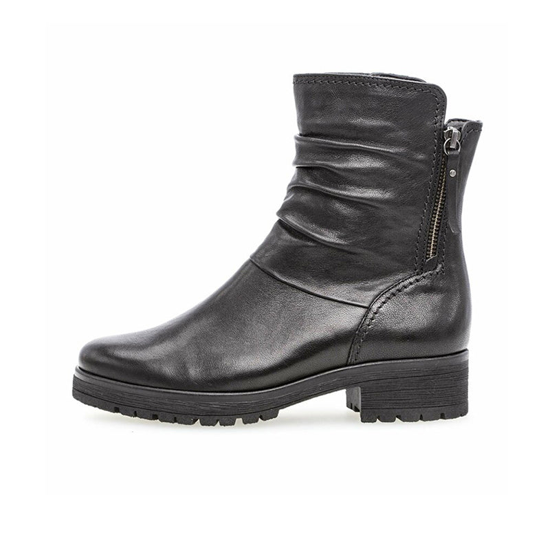 Black leather ankle boots with side zipper and stacked block heel, treaded outsole