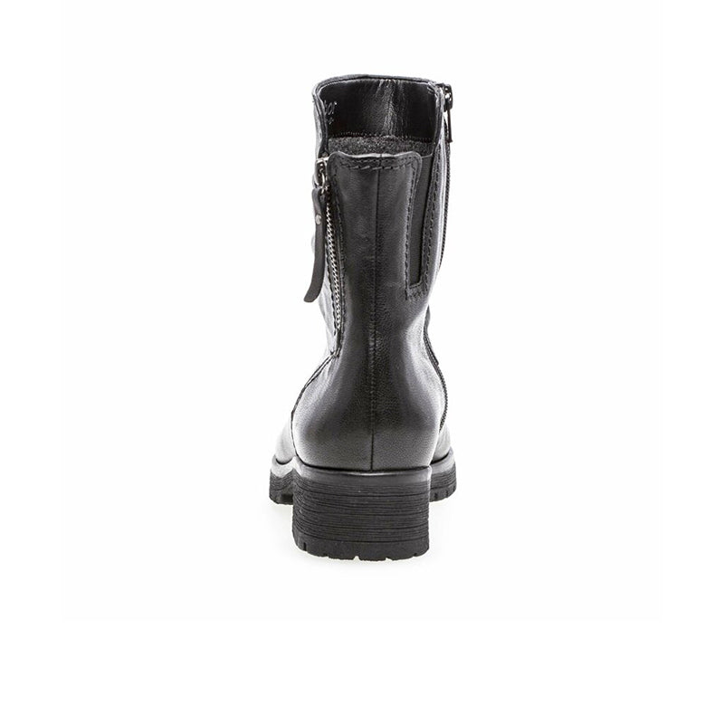 Black leather mid-calf boots with back seam and lace pull tab, chunky lug sole