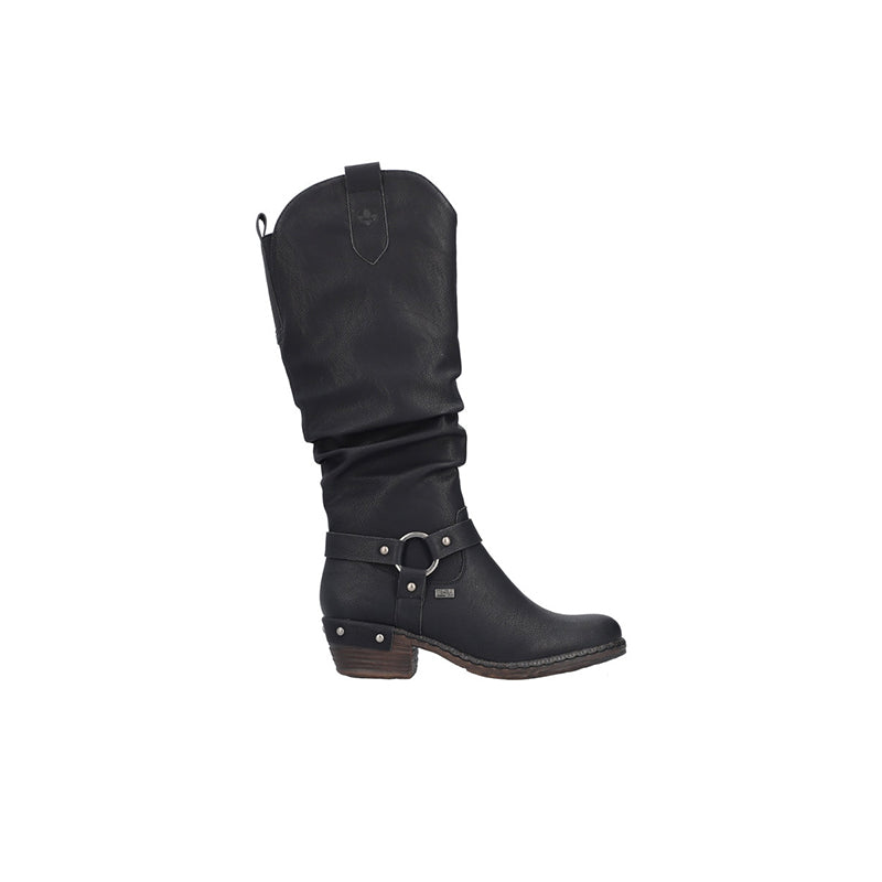 Black knee-high fashion boots with front buckle strap and low stacked heel