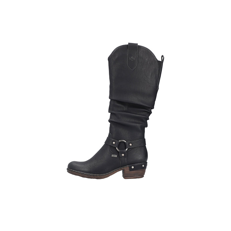 Black knee-high fashion boots with side zipper, buckle strap, and low stacked heel