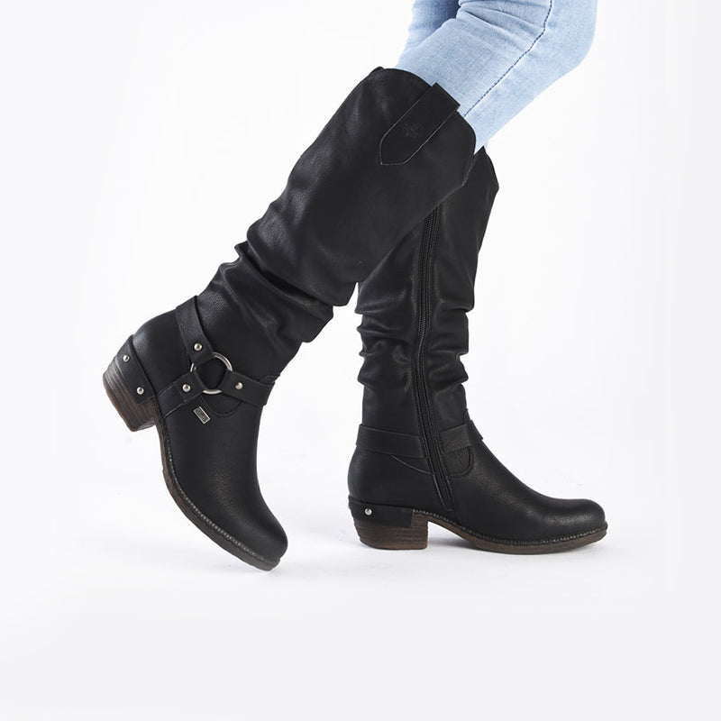 Black knee-high fashion boots with side zipper, buckle straps, and low stacked heel