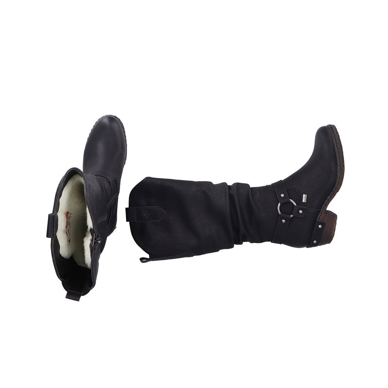 Black knee-high boots shown from side with buckle strap and visible lining