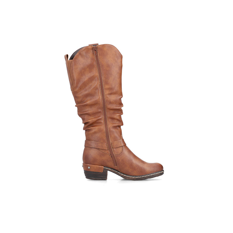 Brown knee-high fashion boots with side zipper and low stacked heel
