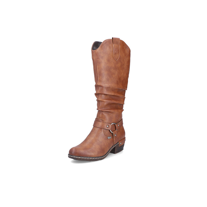 Brown knee-high fashion boots with side zipper, buckle detail, and low heel