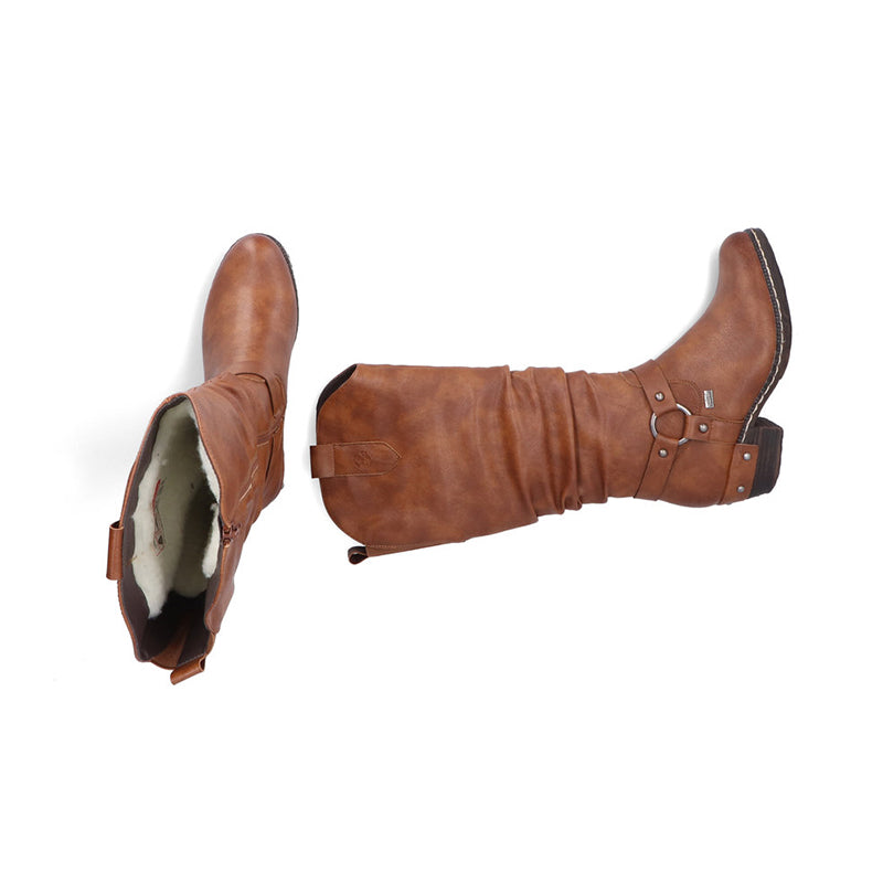 Brown knee-high boots shown from side with buckle strap and visible lining