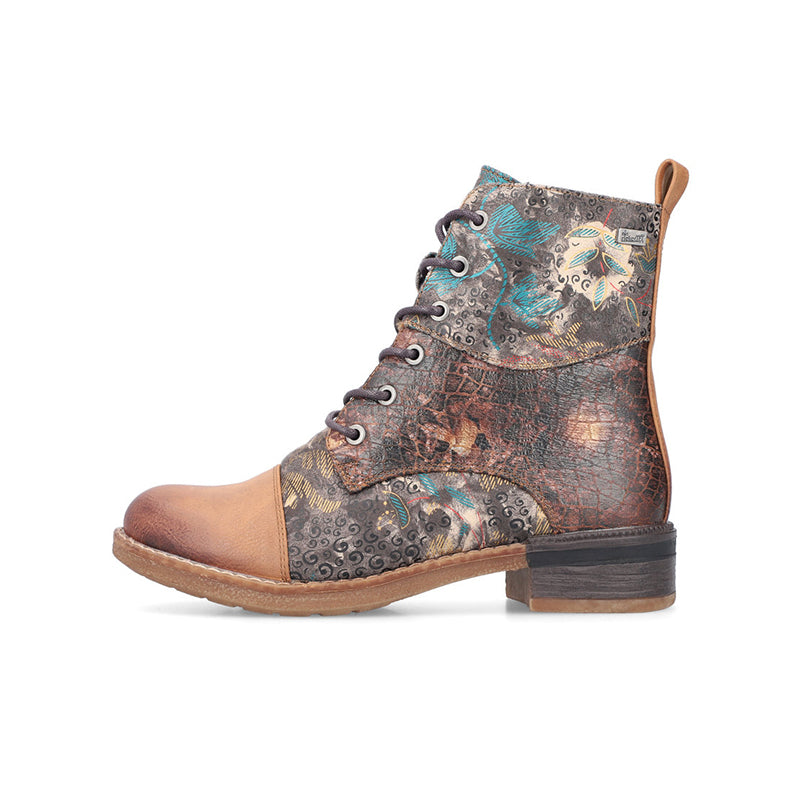 Multicolor ankle boot with lace-up front and side zipper, low block heel