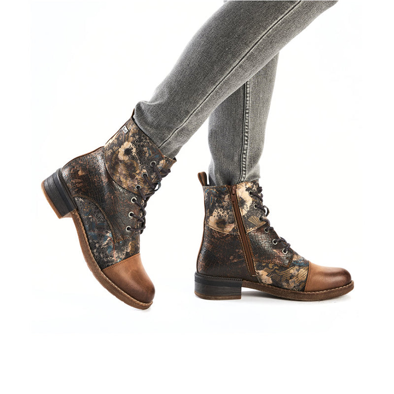 Multicolor ankle boots pair, lace-up with side zipper and low block heel